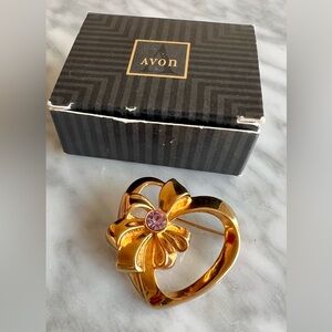 Vintage Avon Gold-Tone Heart Flower Brooch with June BirthStone